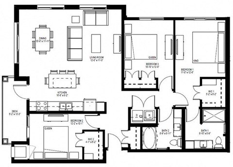 Floor plan for 3 beds, 2 baths, 1344 sqft